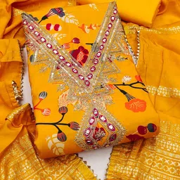 BlissFlair Floral Printed Sequinned Unstitched Dress Material image 3