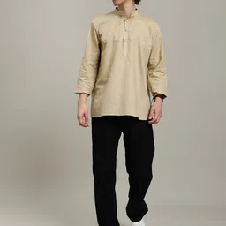 The Kurta Studio Band Collar Roll-Up Sleeves Cotton Linen Straight Short Kurta-picture-38