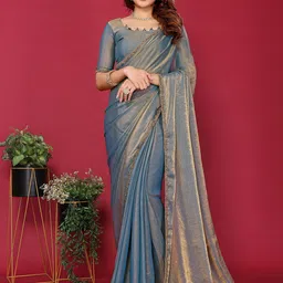 ALAGINI Embellished Beads and Stones Satin Saree-image-0
