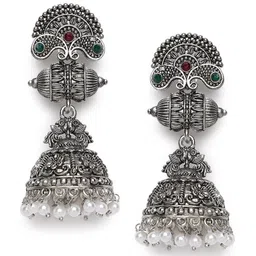 Sangria Red & Green Silver-Plated Stone-Studded & Beaded Jhumka image 4