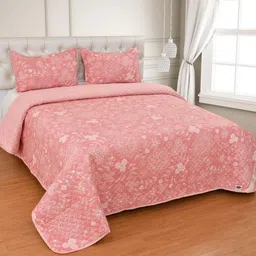 MallowWorld  Pink & White Printed 250 -349 TC King Bed Cover With 2 Pillow Covers image 2