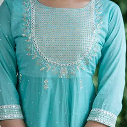Kesarya Women Blue Ethnic Motifs Embroidered Empire Sequinned Pure Cotton Kurta with Trousers & With Dupatta image 3