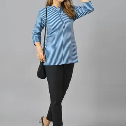 ETC X D To D Life Style Women Mandarin Collar Cotton Striped Tunic image 3
