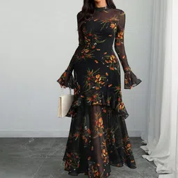 LULU & SKY Floral Print Flared Sleeve Ruffled Maxi Dress image 4