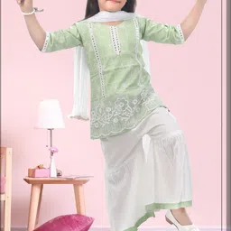 Smuktar garments Kids Embroidered Pure Cotton Kurta & Palazzos With Dupatta-picture-35