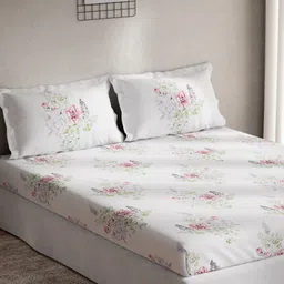 DDecor White & Pink Floral 140 TC Cotton Queen Bedsheet with 2 Pillow Covers image 2