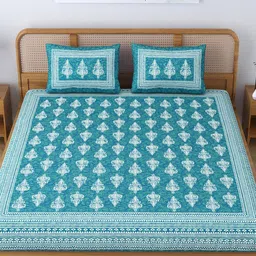 SheetKart Sea Green & White Printed Pure Cotton 144 TC Queen Bedsheet & 2 Pillow Covers image 2