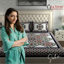 LA VERNE Grey & Red Geometric 104 TC 2 Queen Bedsheet with 4 Pillow Covers image 2