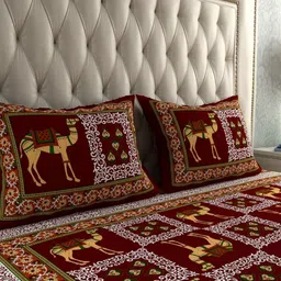 LA VERNE Maroon & Cream-Coloured Ethnic Motifs 144 TC Queen Bedsheet with 2 Pillow Covers image 2