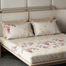 DDecor Live Beautiful Beige & Red Floral 140 TC Cotton King Bedsheet & 4 Pillow Covers image 2