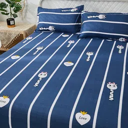 JC HOME Blue & White Striped 130 TC King Bedsheet with 2 Pillow Covers image 2