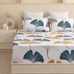 HOMEMONDE Mustard & Grey Floral 210 TC Single Bedsheet with 1 Pillow Covers image 2