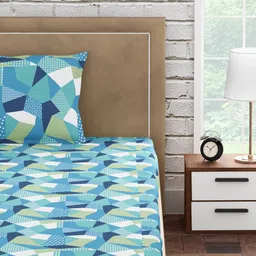 PETAL HOME Blue & Green Geometric 300 TC Cotton Single Bedsheet with 1 Pillow Covers image 5