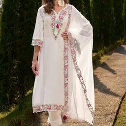 Indo Era Women Floral Embroidered Regular Thread Work Pure Cotton Kurta with Trousers & With Dupatta image 2