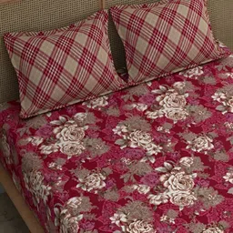 Srijee Decors Red & White Floral 210 TC Fitted King Bedsheet with 2 Pillow Covers image 2