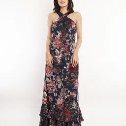 How When Wear Women Floral Print Halter Neck Layered Gown Dress-picture-11