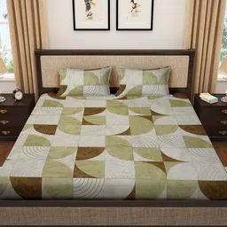 KLOTTHE Olive & Brown Printed 400 TC Pure Cotton Super King Bedsheets with 2 Pillow Cover image 3