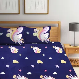 FABINALIV Navy Blue & Pink Printed 300 TC Fitted King Bedsheet & 2 Pillow Covers image 4