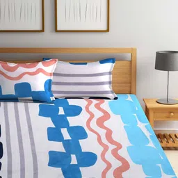 Arrabi Bookfold White & Blue Graphic Printed 300 TC King Bedsheet & Pillow Covers image 3