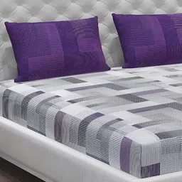 Moca By Monte Carlo White & Purple Geometric 104 TC 2 Queen Bedsheet with 4 Pillow Covers image 3