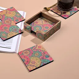 Storepedia 6 Pieces Pink & Blue Rangoli Printed Square Wooden Coasters With Stand image 3