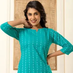 PUSHPRAJ FASHION Women's Katha Cotton Round Neck Half Sleeves Striped Pritned Regular Fit Kurta Set (Rama Green -2XL) image 5