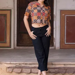 KALINI Geometric Print Cotton Shirt Style Crop Top-picture-22