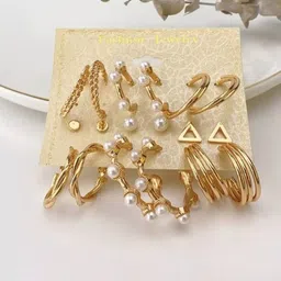 TheVineGirl Set Of 9 Gold-Plated Pearls Studded Circular Shaped Hoop Earrings image 3