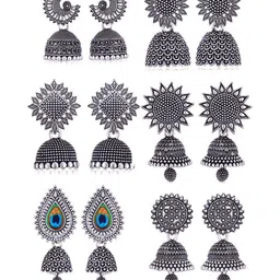 MEENAZ Set Of 6 Silver-Plated Oxidised Dome Shaped Jhumkas-image-92