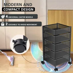 homestic 4+1 Layer Kitchen Metal Storage Rack with Wheels | Square Shape - Black Iron Kitchen Trolley image 5