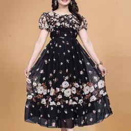 MISS CLOTHING Women Floral Printed Tie-Up Neck Puff Sleeve Layered Fit-Flare Midi Dress-picture-21