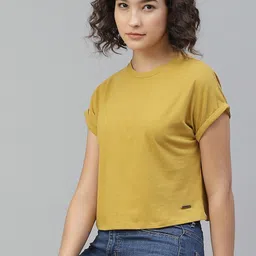 roadster Women Solid Round Neck Pure Cotton Yellow T-Shirt image 1
