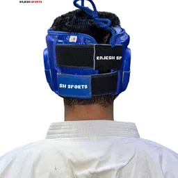 rajesh sports 100% Genuine Leather Contest Protective Boxing & Wushu Head Guard Small Blue Boxing Head Guard image 5