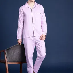 hancock Men Night Suit Set Purple Solid image 3