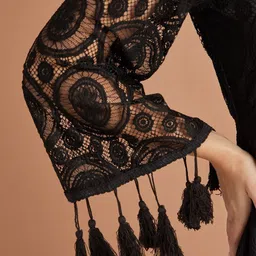 Styli Black Long Sleeves Lace Insert A-Line Maxi Dress with Tassel Detail image 4