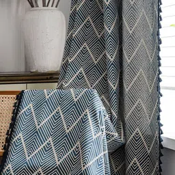 Huesland Navy Blue & White 1 Piece Cotton Geometric Room Darkening Window Curtain image 4