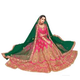 MANVAA Embroidered Semi-Stitched Satin Lehenga & Unstitched Blouse With Dupatta image 4