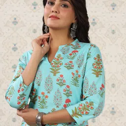 Ode by House of Pataudi Floral Printed Mandarin Collar Pure Cotton Kurta image 5