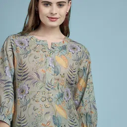 all about you Olive Floral Printed Round Neck Tunic With Trousers image 3