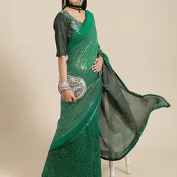 Mitera Green Ethnic Motifs Embroidered Sequinned Pure Georgette Saree image 4