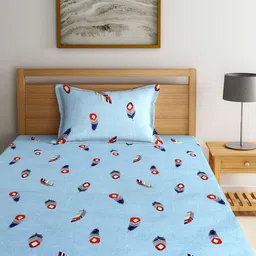 Arrabi Blue & Multicoloured Graphic 300 TC Single Bedsheet with 1 Pillow Covers image 4