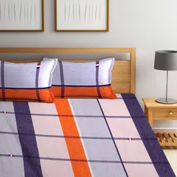 Arrabi Navy Blue & Orange Geometric 300 TC King Bedsheet with 2 Pillow Covers image 5
