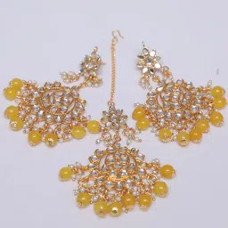 Swarajshop Gold-Plated Yellow Kundan Studded Handcrafted Jewellery Set image 4