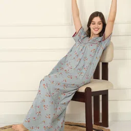 Sweet Dreams Floral Printed V-Neck Pure Cotton Maxi Nightdress-picture-40