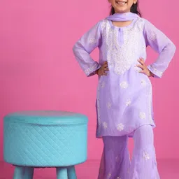 KHAKA Girls Ethnic Motifs Embroidered Regular Mirror Work Kurta & Sharara With Dupatta-picture-25