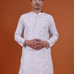 NAMASKAR Geometric Mandarin Collar Cotton Straight Kurta-image-39