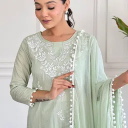 KALINI Women Floral Embroidered Regular Pure Cotton Kurta with Trousers & With Dupatta image 2