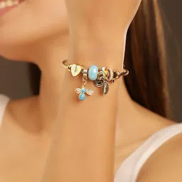 Priyaasi Women Gold-Plated Stone Studded & Beaded Flora-Fauna Wraparound Bracelet image 3