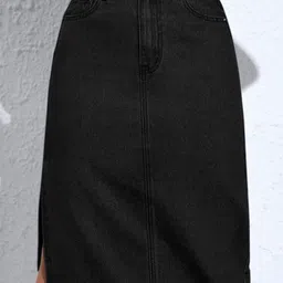 AAHWAN Women Side Slits Denim A-Line Midi Skirt image 2