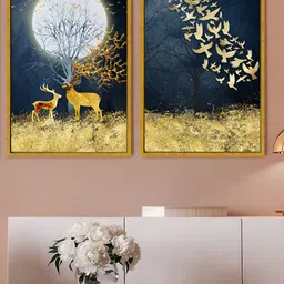 Art Street Blue & Gold-Toned 2 Pieces Reindeers Printed Canvas Wall Paintings-image-58